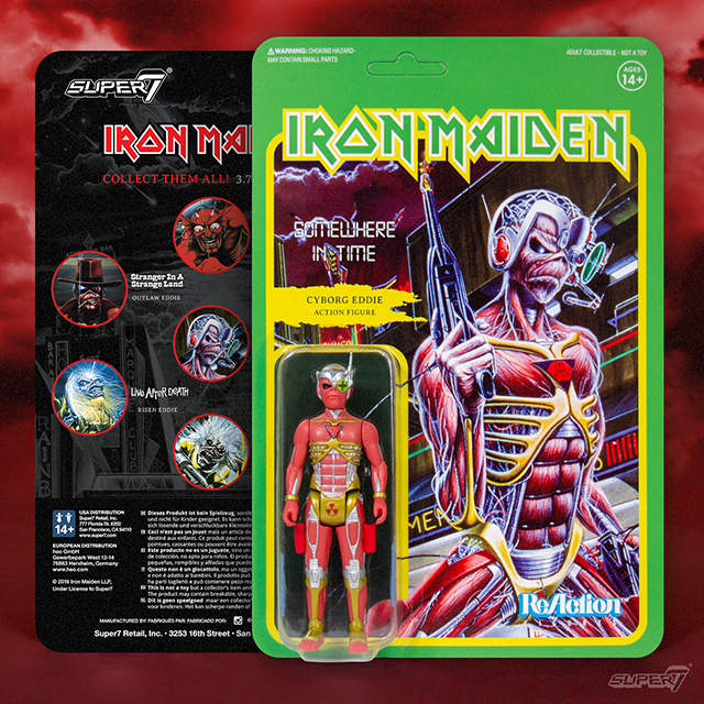 Two Iron Maiden Super7 ReAction packaging cards; left shows back art with circular images, right features a green card with a red Eddie figure in blister.
