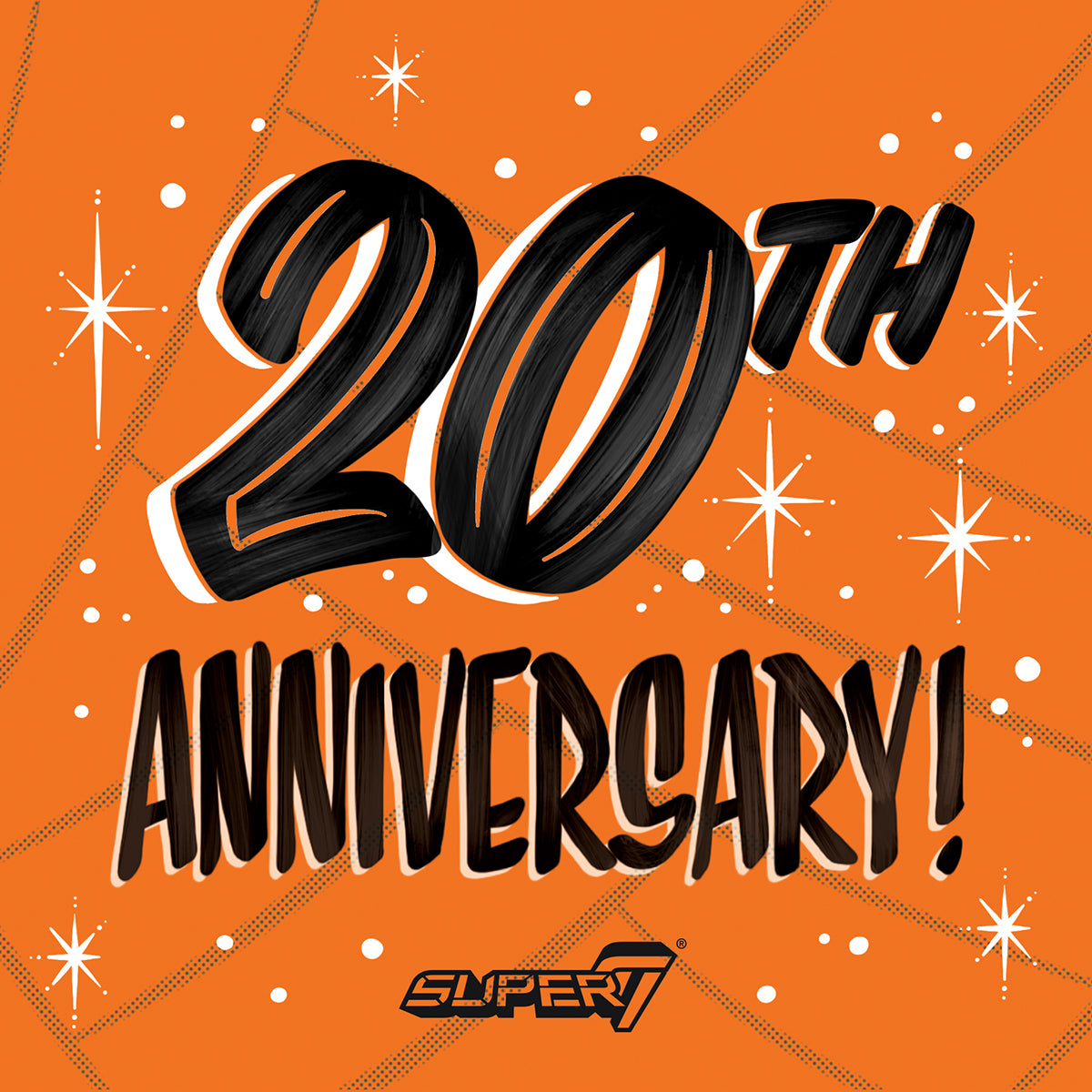 Bright orange anniversary graphic with bold 20th Anniversary text and the Super7 logo.