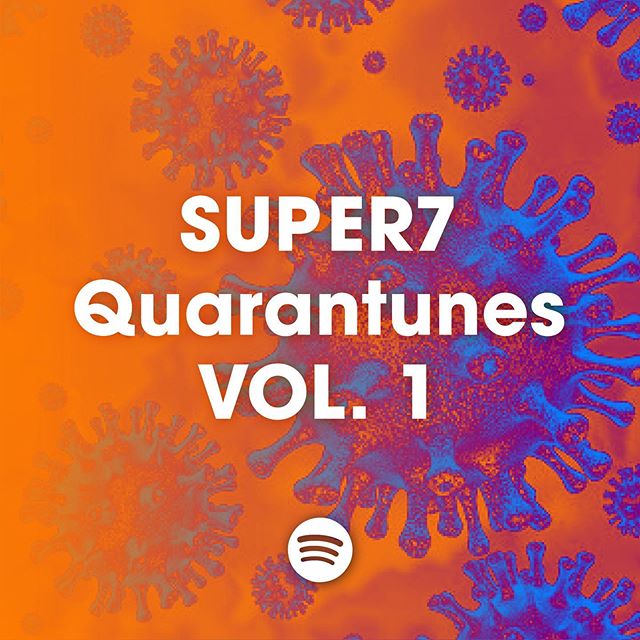 Quarantunes Vol. 1 Spotify playlist cover with bold white title on orange and blue virus artwork.