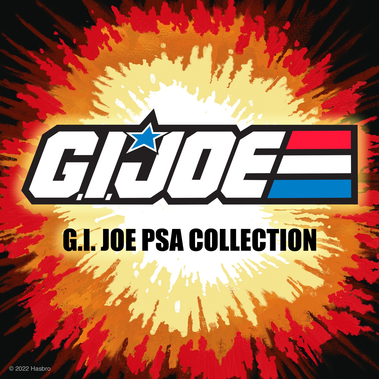 Explosive artwork in red orange and yellow with bold G I JOE PSA COLLECTION text along the bottom.