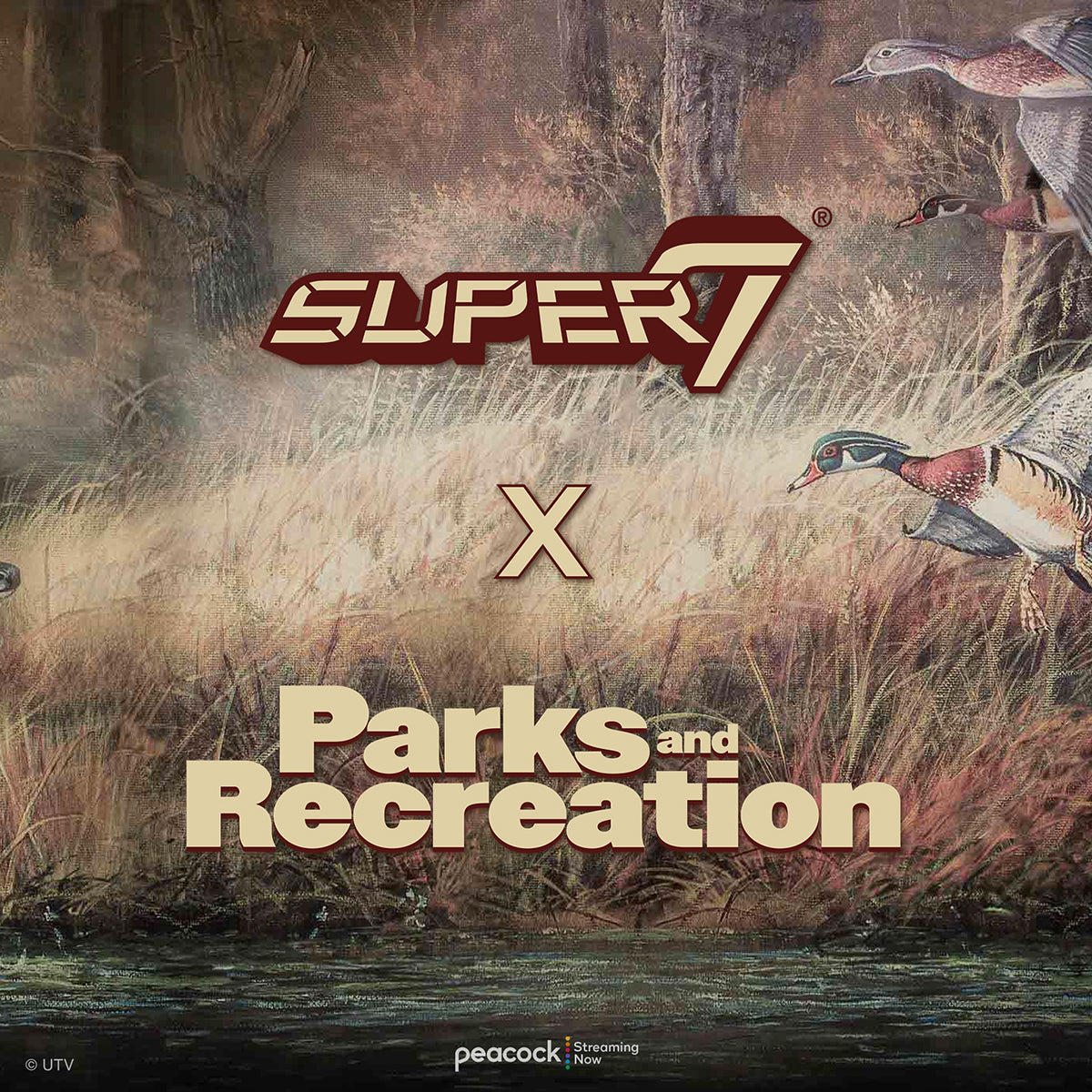Promotional artwork for Super7 x Parks and Recreation featuring the Super7 logo and Parks and Recreation text over a vintage natural scene background