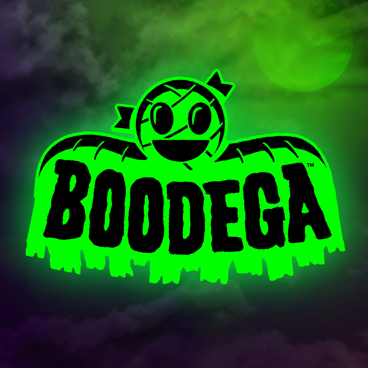 Bright neon green Boodega logo with a cartoon smiling ghost on top against a dark cloudy background