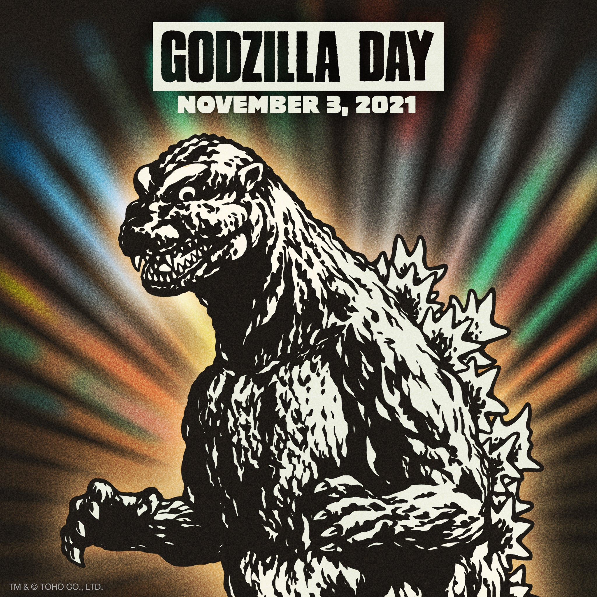 Banner for Godzilla Day 2021 featuring a bold black and white Godzilla illustration on a multicolored textured background.