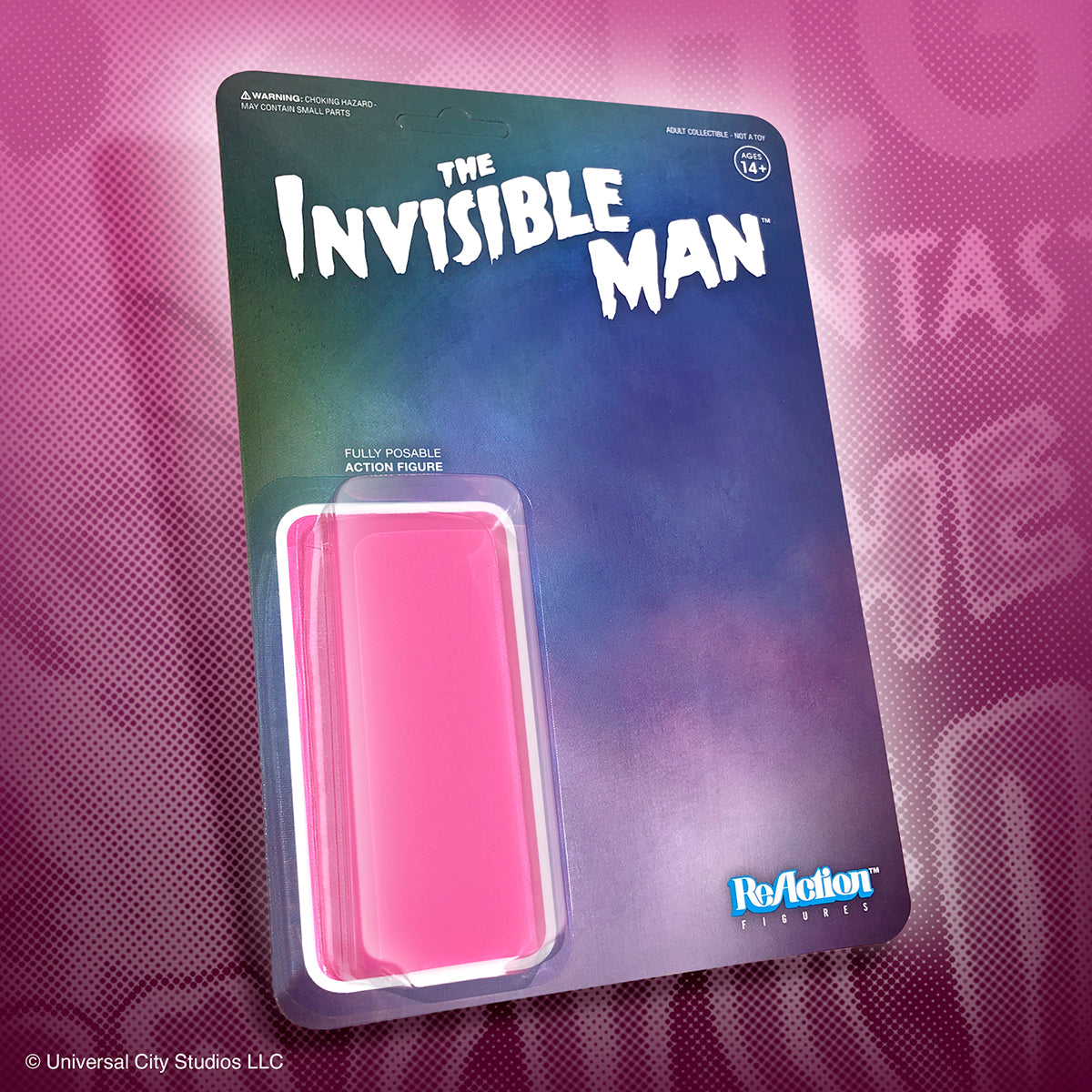 The Invisible Man April Fool's Edition action figure packaging by ReAction Figures with a bright pink accessory