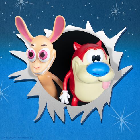 Ren and Stimpy ReAction figures peeking through a jagged hole in a blue backdrop.
