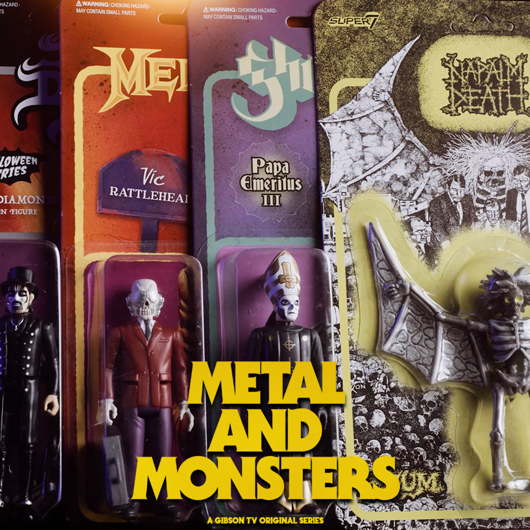 Row of vintage style packaging for metal and monsters figures with bold yellow METAL AND MONSTERS title