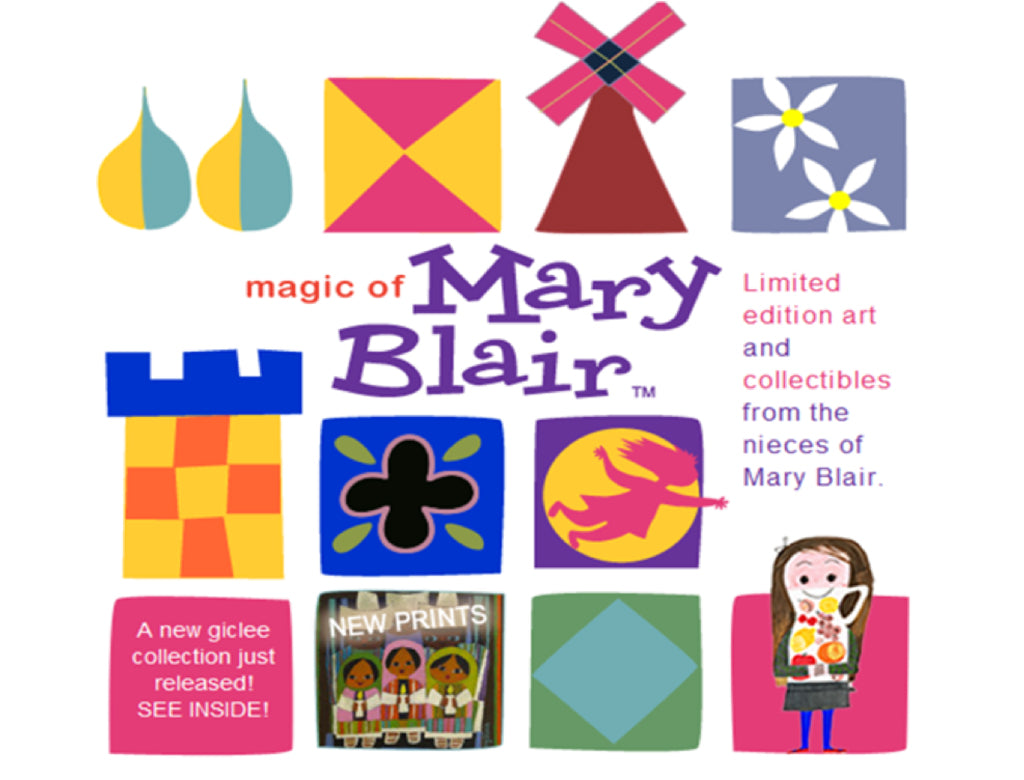 Magic of Mary Blair collage with bright geometric shapes and a small girl illustration on a white background