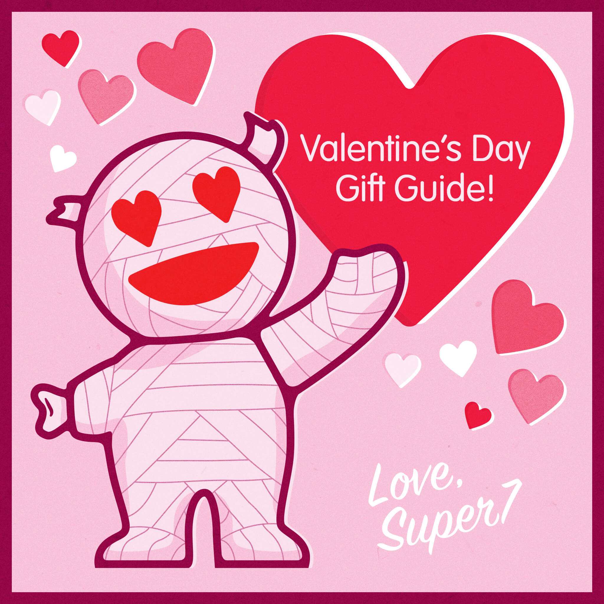 Valentine's Day gift guide themed illustration with a pink background and multiple hearts surrounding a large red heart.