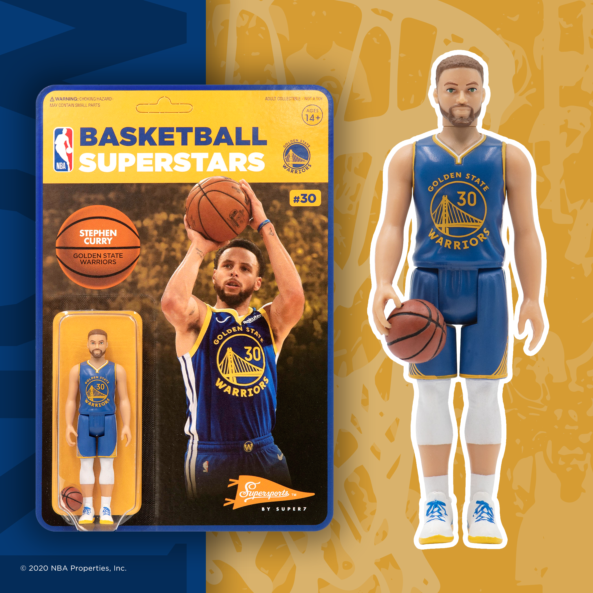 Basketball Superstars packaging with NBA logo and Stephen Curry image beside a Golden State Warriors action figure.