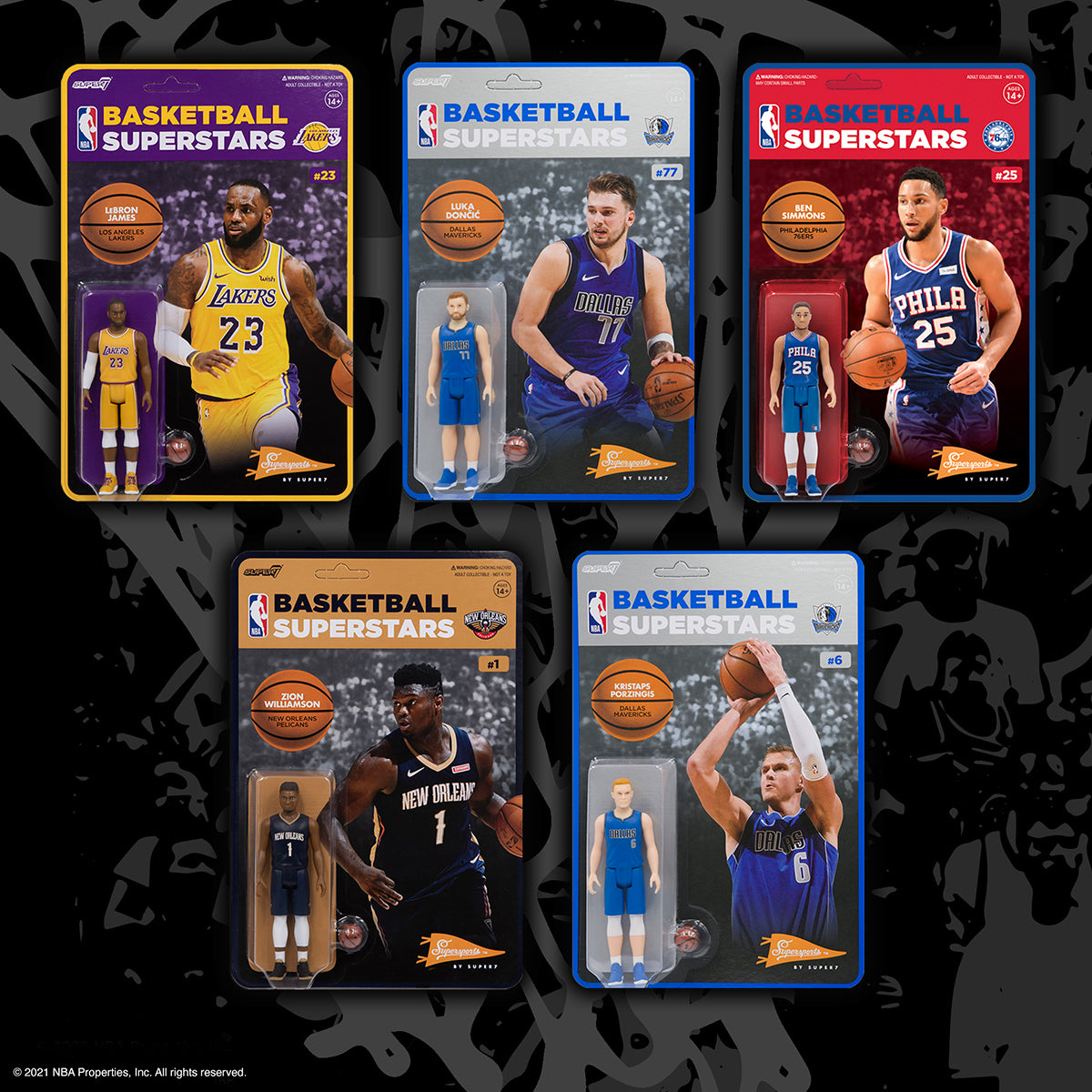 Basketball Superstars by Super7 packaging lineup showing five NBA figures on a dark background