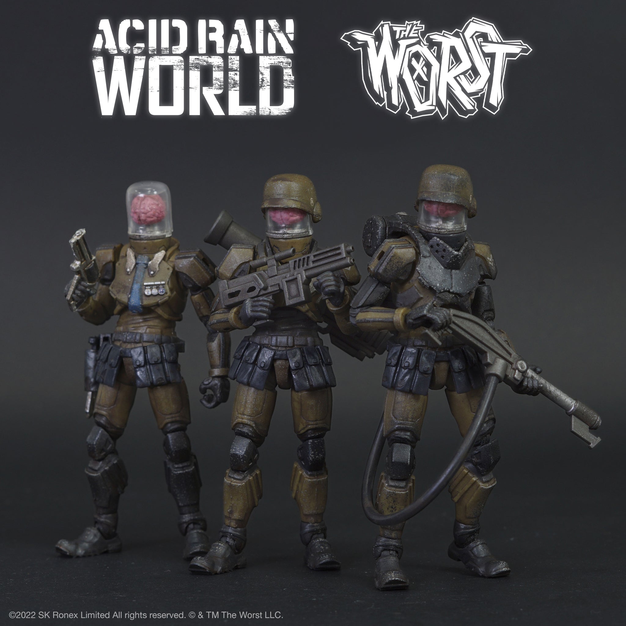 Three brown armored soldiers with helmets and rifles posed together for the Acid Rain World collaboration.