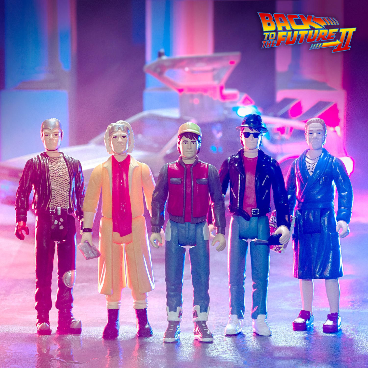 Row of action figures standing in neon glow with Back to the Future II logo at top right.