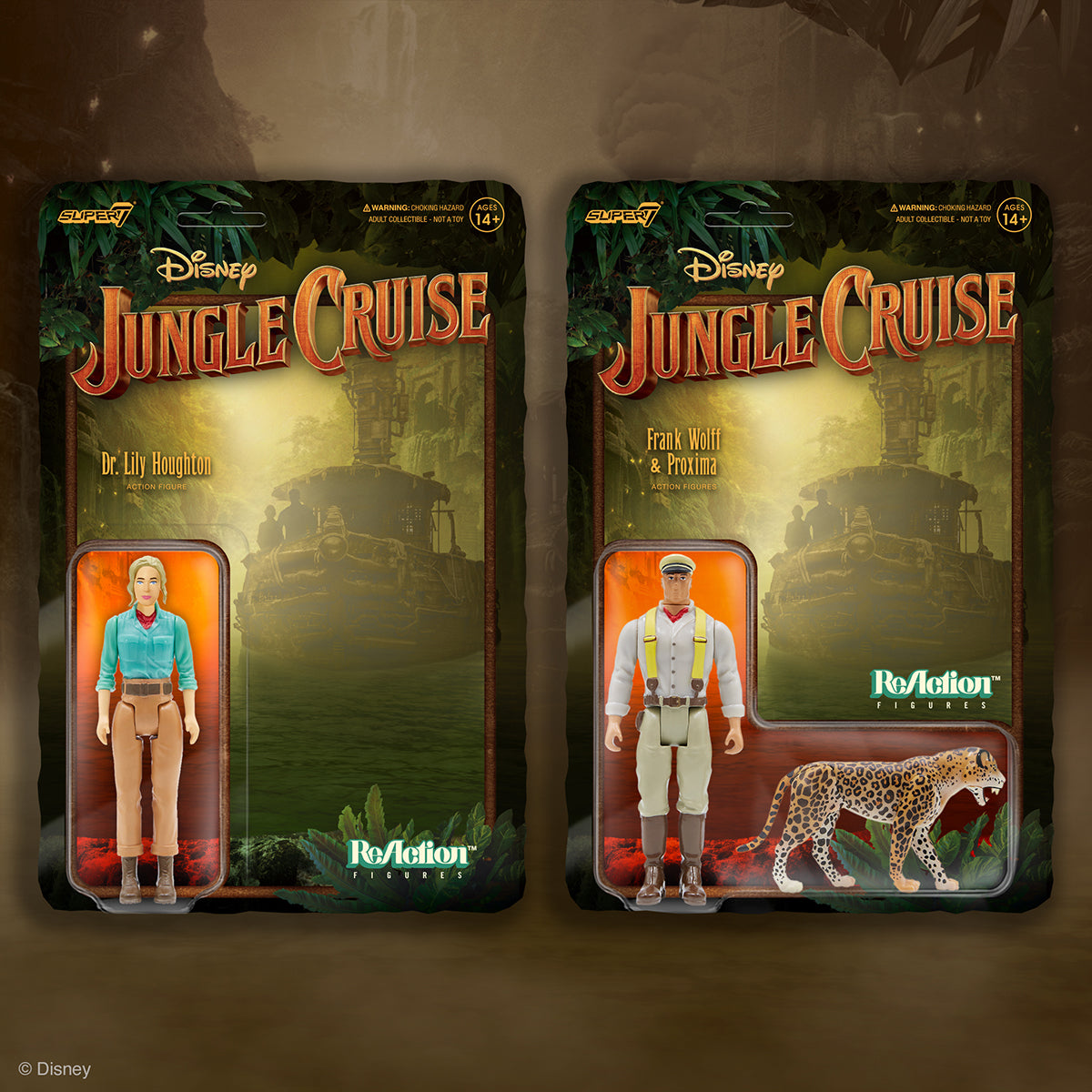 Two Jungle Cruise ReAction figure packaging cards, left shows Dr Lily Houghton and right shows Frank Wolff with Proxima and a leopard.