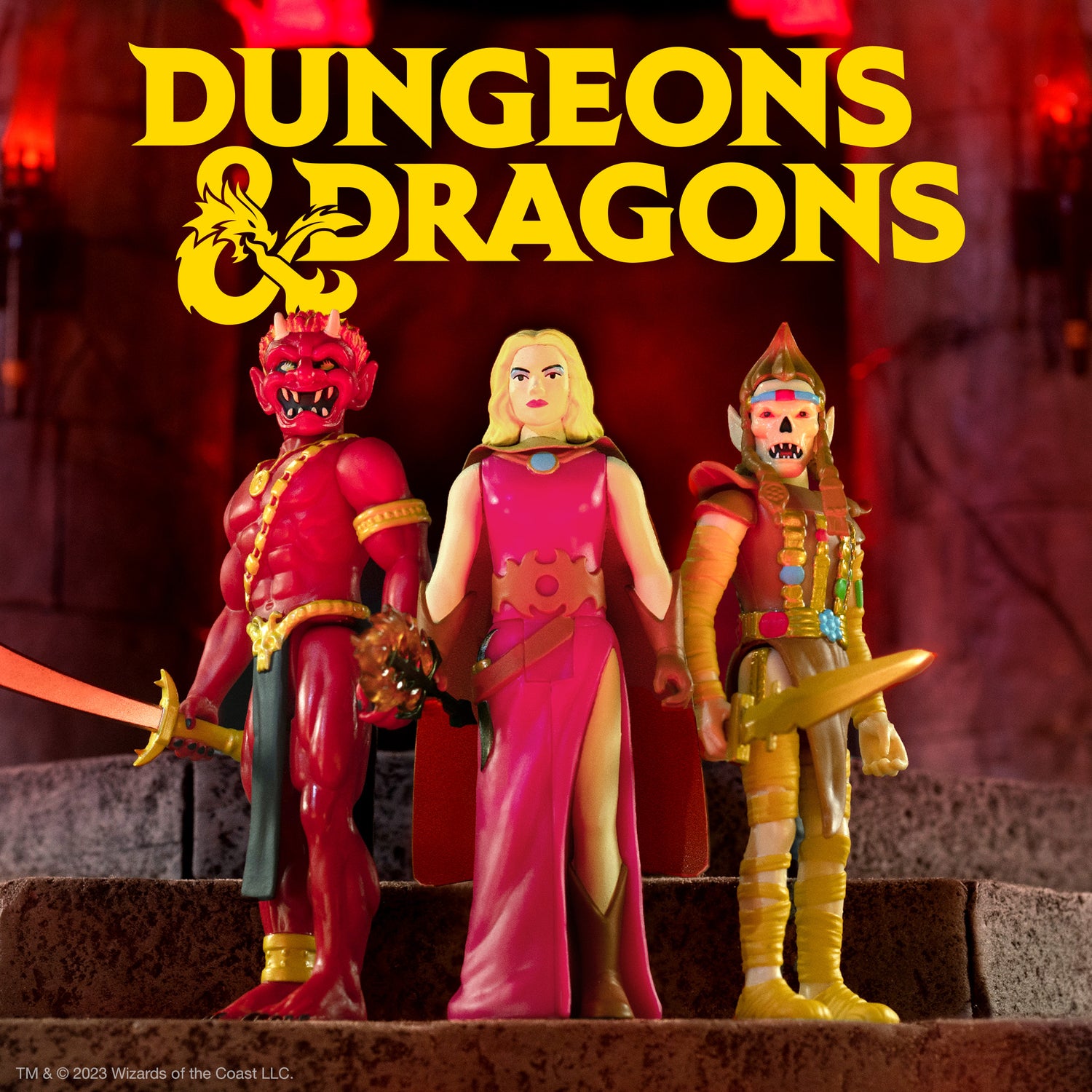 Dungeons and Dragons display with bold yellow logo and colorful fantasy figures posed in front.