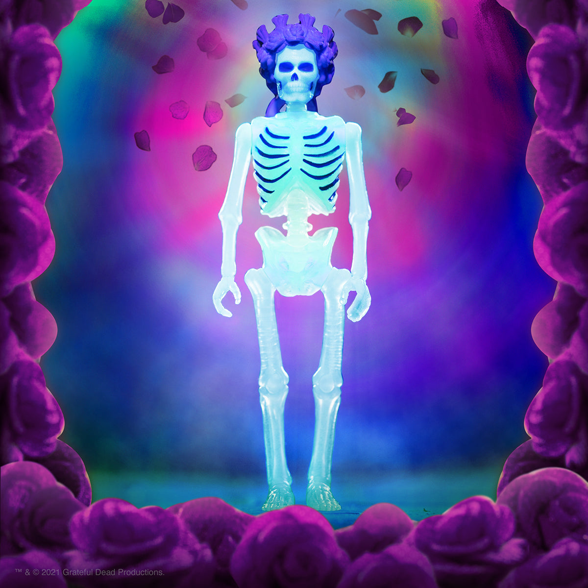 Bertha the glowing blue skeleton stands center against a neon psychedelic background with purple frame