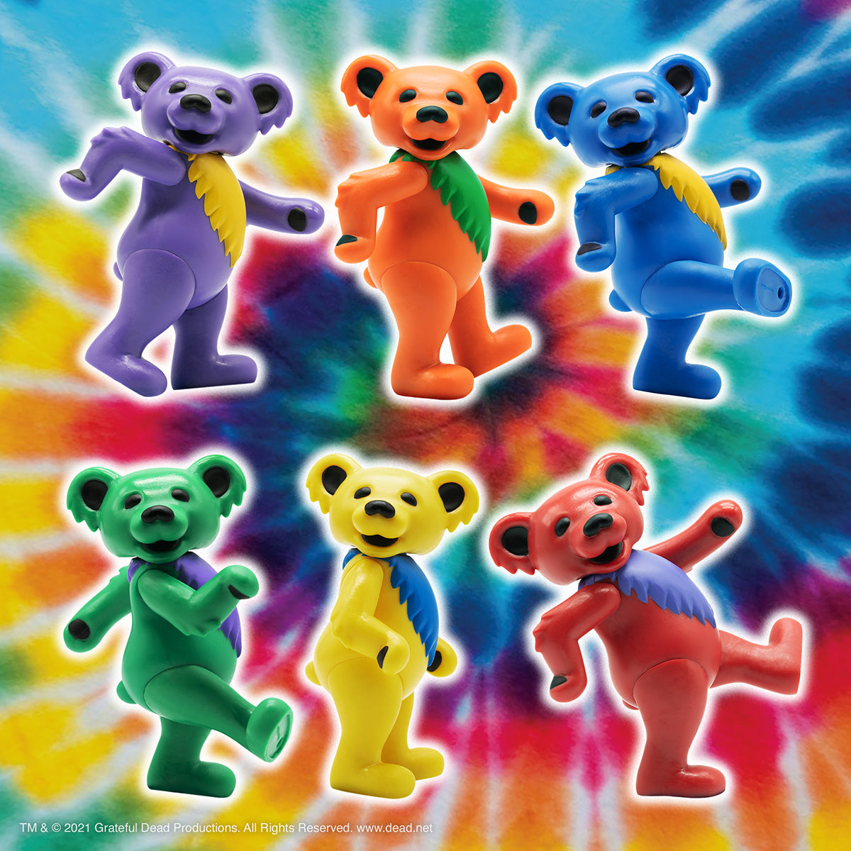 Six Grateful Dead Dancing Bears ReAction figures dance across a rainbow tie-dye backdrop.