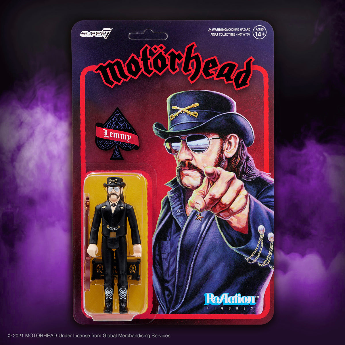 Motörhead Lemmy ReAction figure blister-packed on bold red card art.