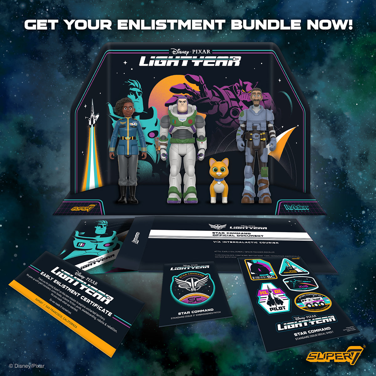 Disney Pixar Lightyear Early Enlistment Bundle display with four space gear figures and space themed packaging and decals