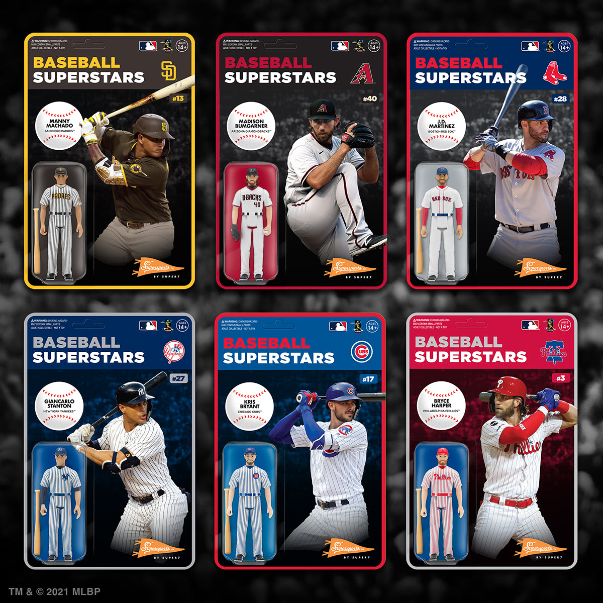 Six Baseball Superstars figure cards from Super7 featuring MLB players on bold card backs against a dark background