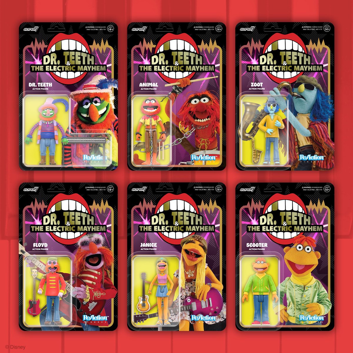 Six Dr Teeth and the Electric Mayhem action figure packages arranged on a red backdrop.