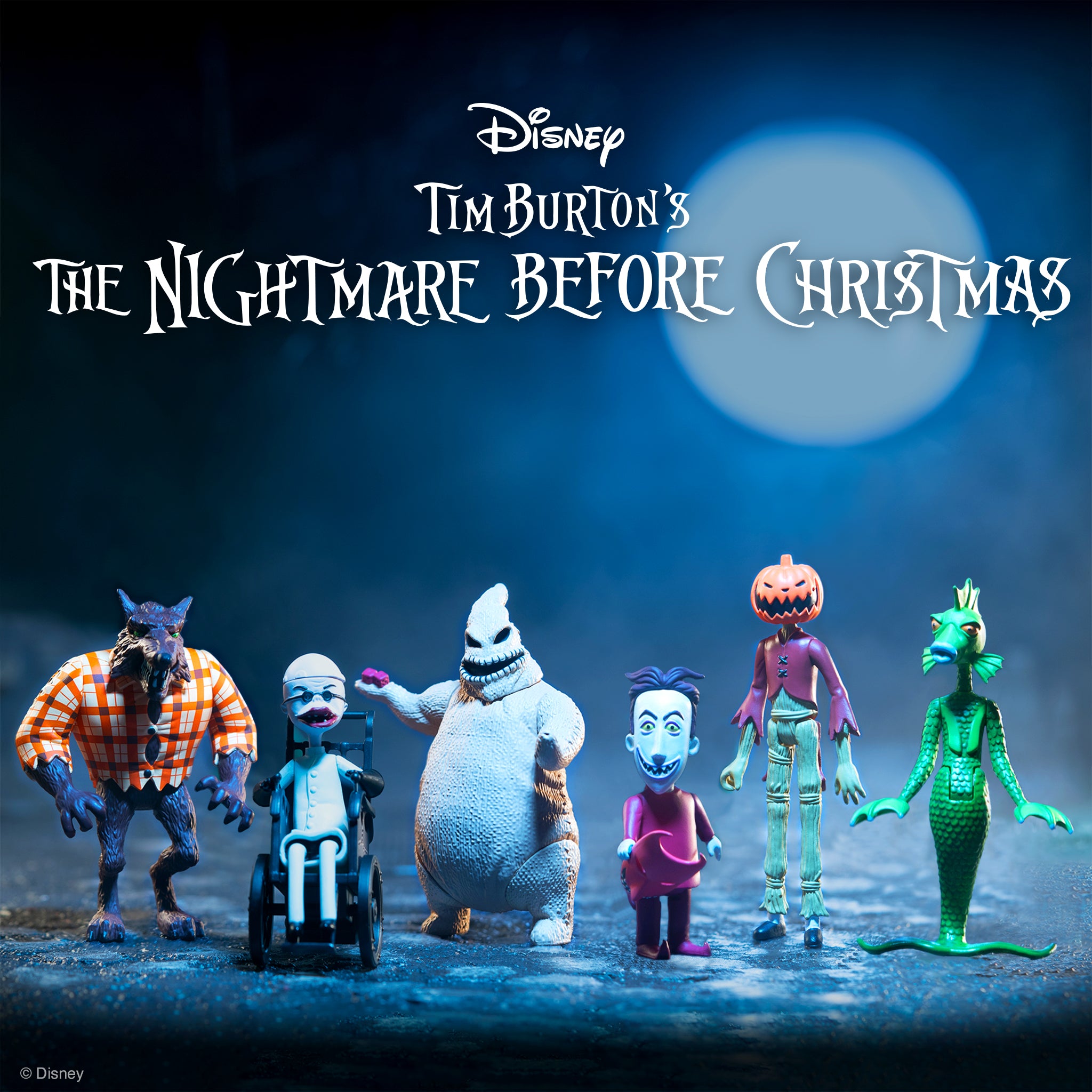 Disney Tim Burton's Nightmare Before Christmas Wave 2 ReAction figures on display with Jack Skellington and Sally against a blue backdrop