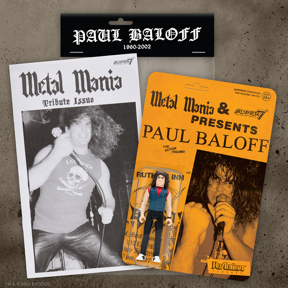 Paul Baloff tribute display with Metal Maniac zine covers and a small Baloff action figure in blister pack.
