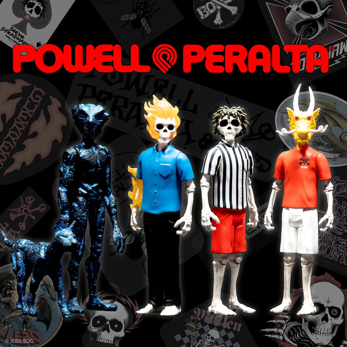 Powell-Peralta Wave 1 ReAction Figures lineup of skeleton skateboarders against a dark collage background