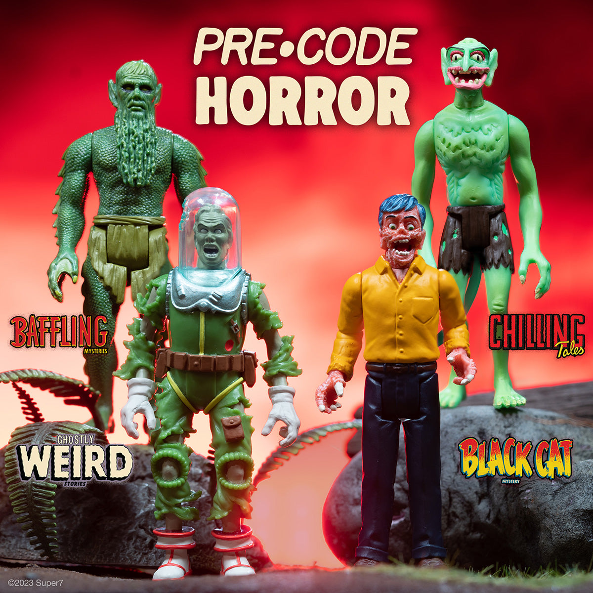 Four vintage style action figures posed on rocks against a bold red backdrop with Pre Code Horror text.