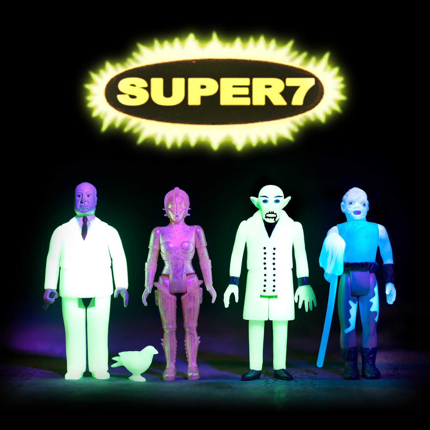 Group of neon glowing monster action figures on display beneath a bold Super7 logo.