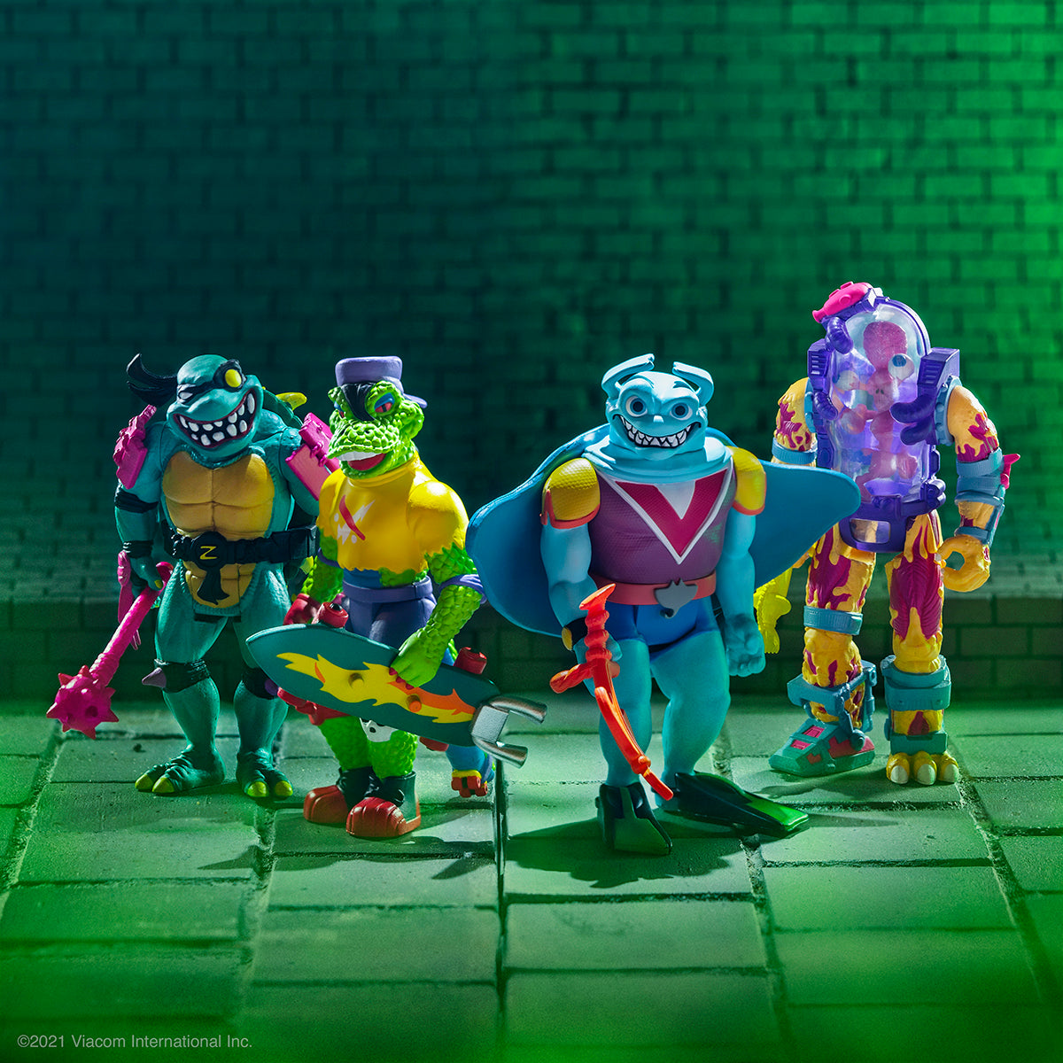 Five colorful Teenage Mutant Ninja Turtles ReAction Wave 4 figures posed together against a green lit backdrop.
