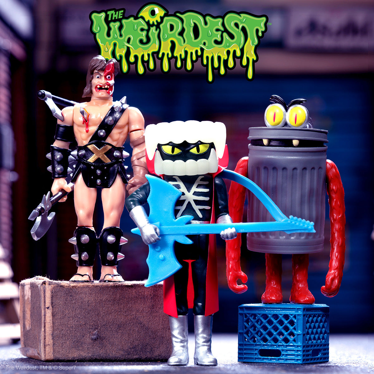 Three quirky figures from The Weirdest line with a barbarian, a masked head under a dome, and a red trash can creature pose under the The Weirdest logo.