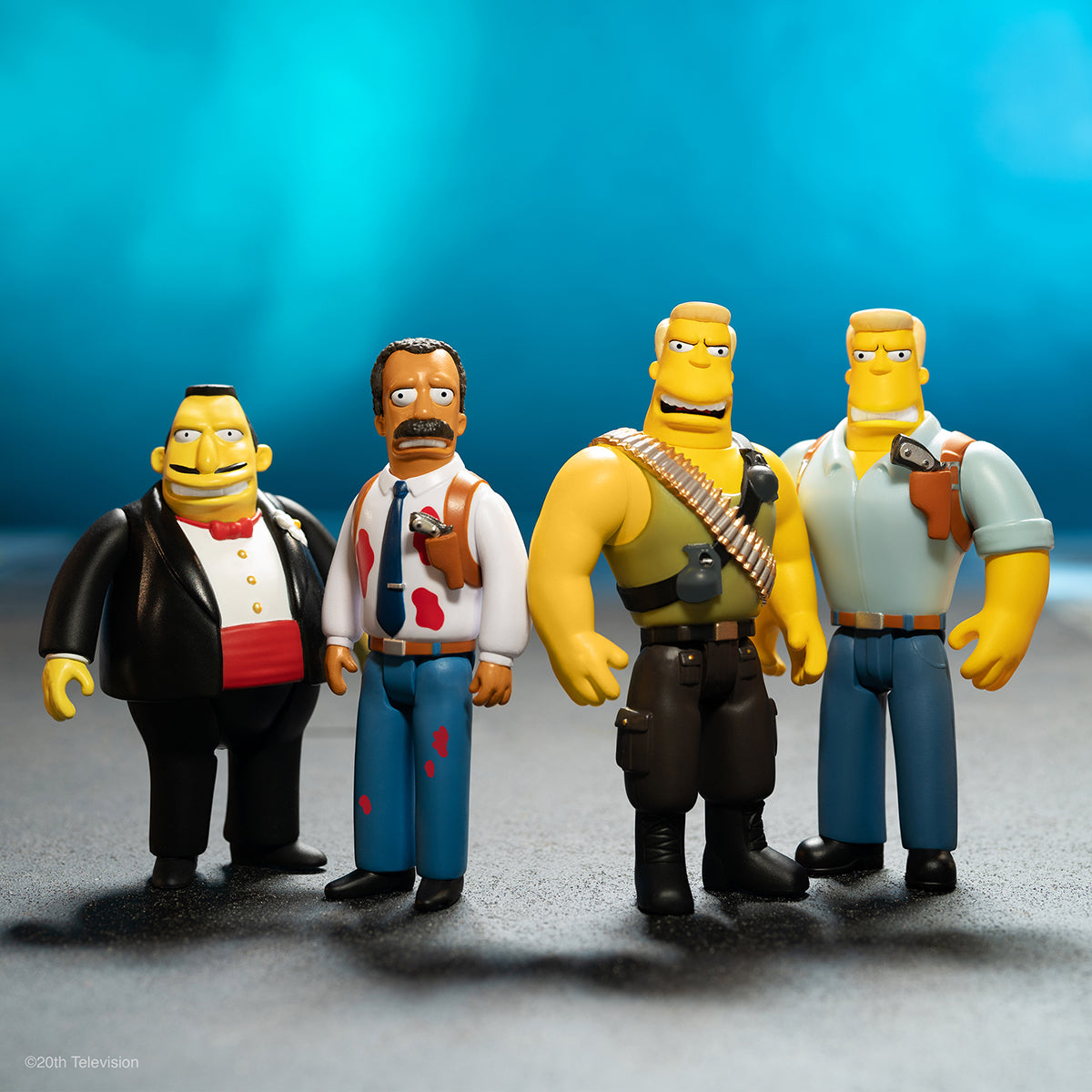 The Simpsons Wave 1 ReAction Figures lineup four yellow characters posed together against a blue backdrop.