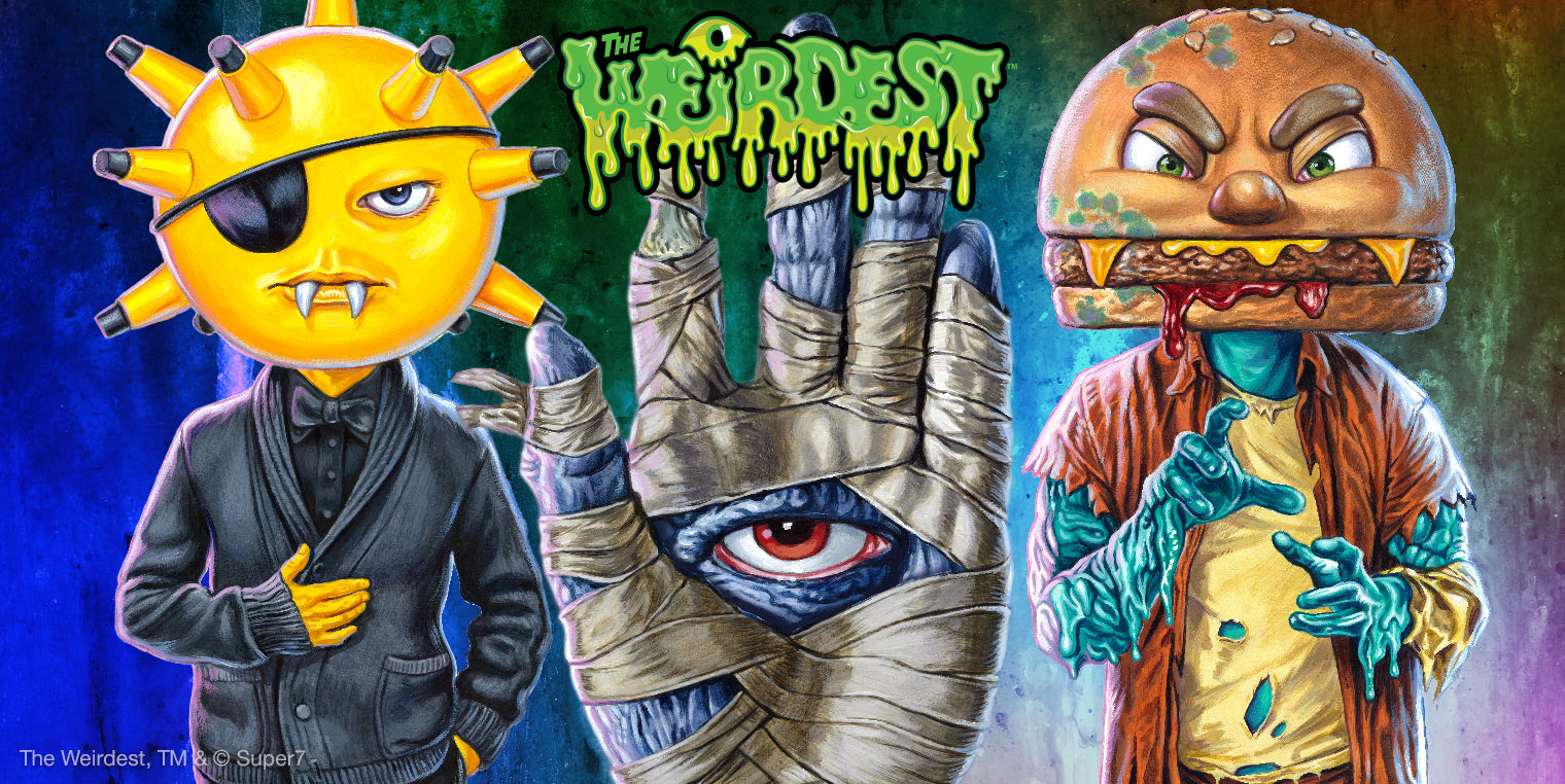 Vivid mural of three surreal figures a sun with an eyepatch in a suit a hand wrapped in bandages with an eye and a hamburger headed character against a colorful background