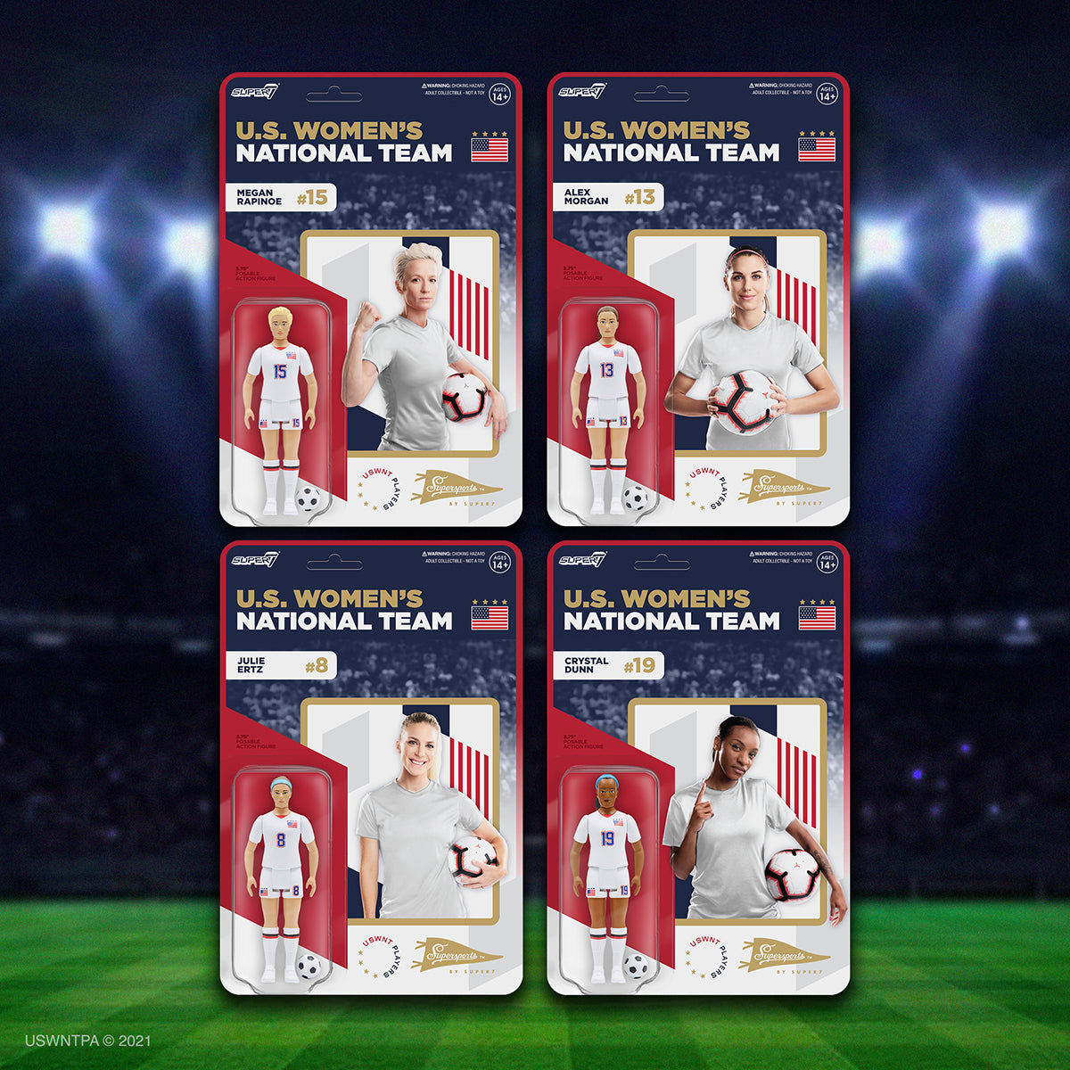 Four US Women's National Team Super7 action figure cards on a stadium backdrop featuring Megan Rapinoe, Alex Morgan, Julie Ertz, and Crystal Dunn.