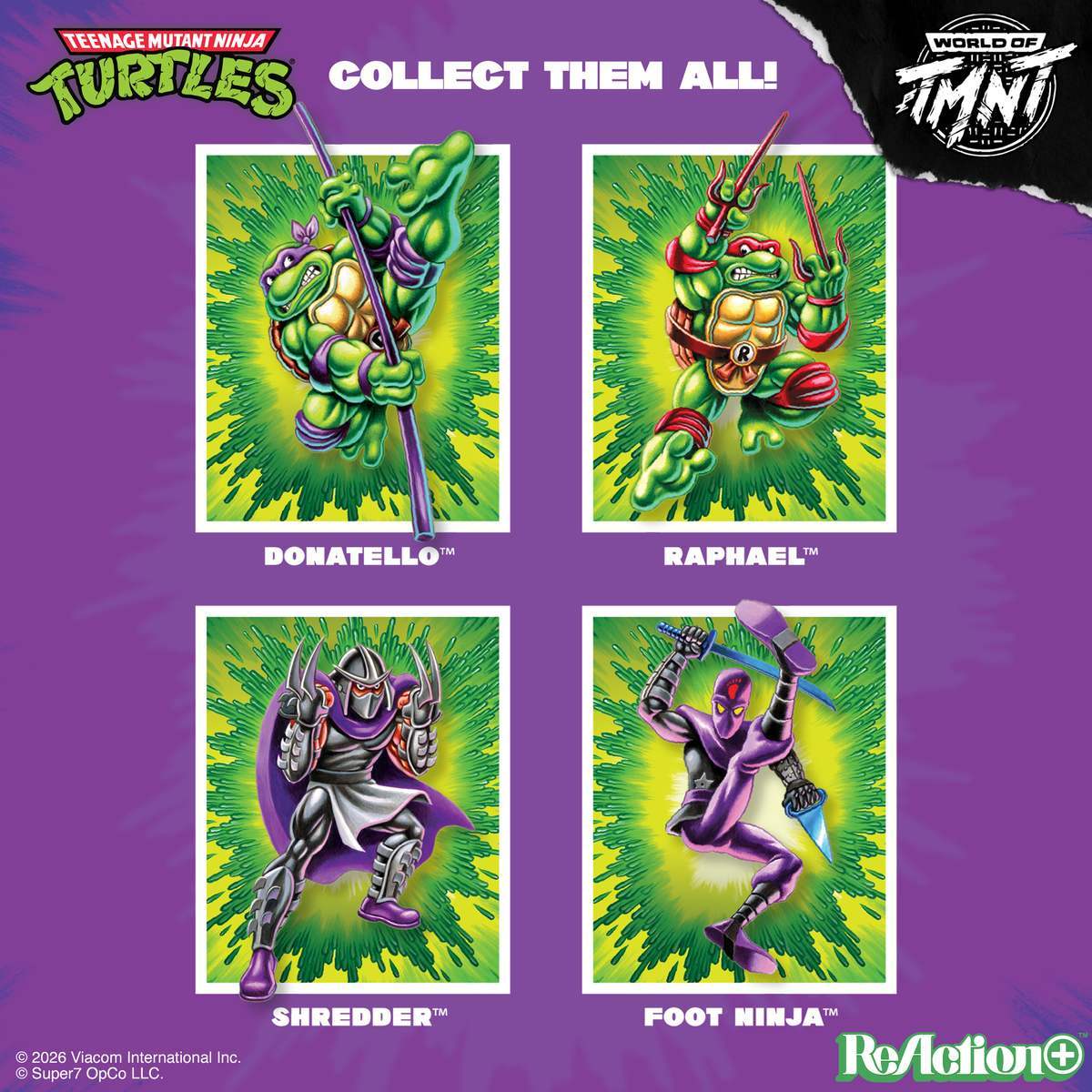 TMNT collectible card grid with Donatello Raphael Shredder and Foot Ninja on a purple background