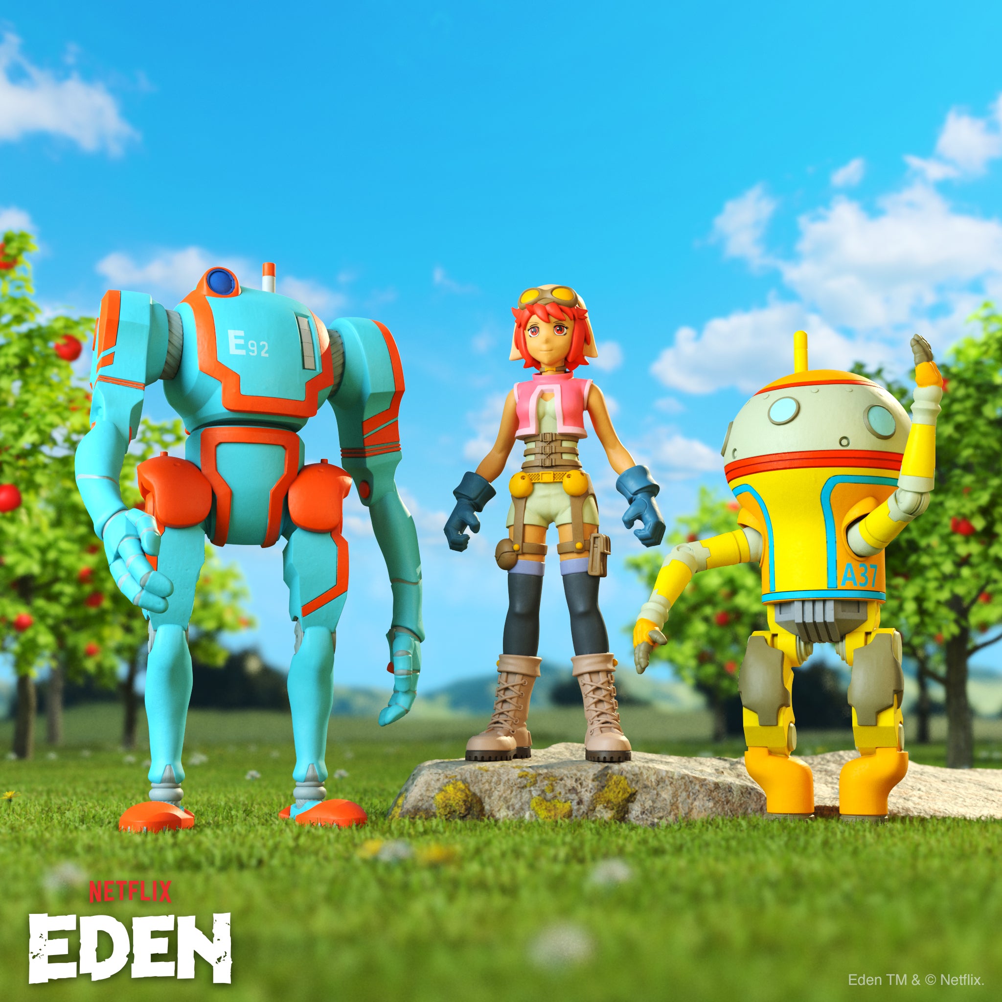 Vibrant Eden Netflix SuperVinyl figures lineup outdoors against a bright blue sky.