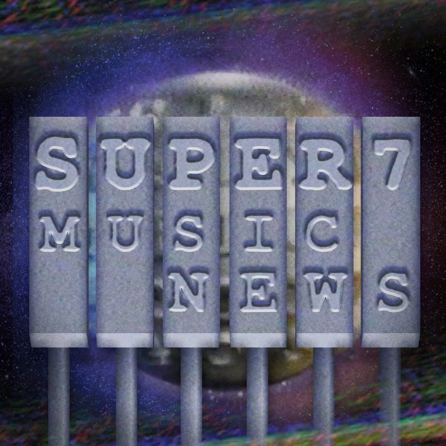 Cosmic banner with large block letters spelling SUPER7 MUSIC on a space themed background