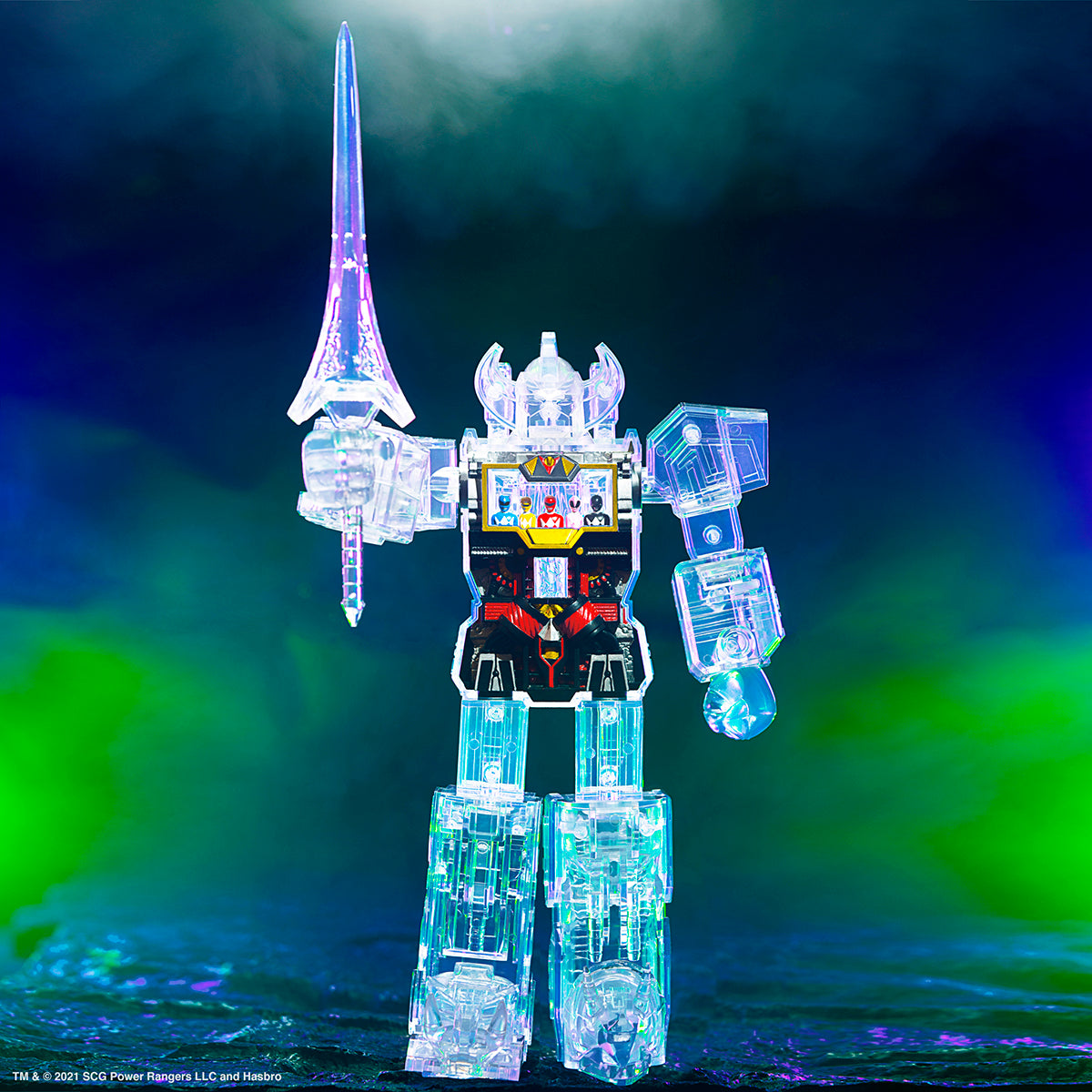 Clear translucent Mighty Morphin Power Ranger figure holding a long crystal sword from the Super Cyborg lineup