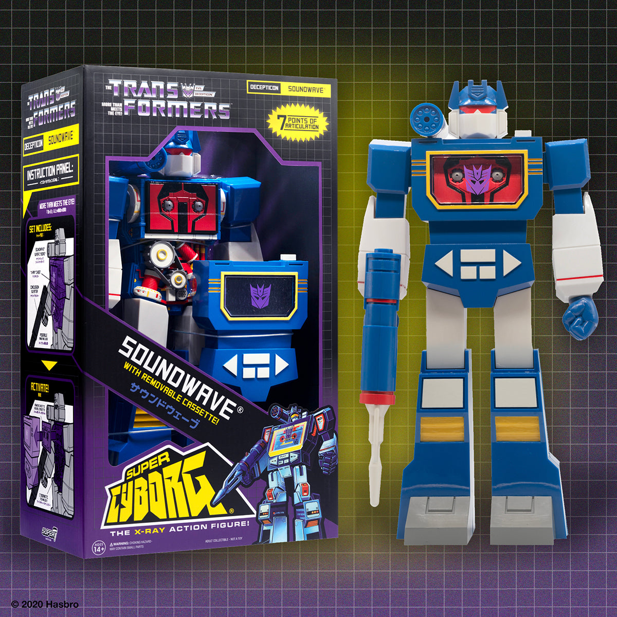 Soundwave Transformers figure in packaging beside a blue Transformer figure on a grid backdrop