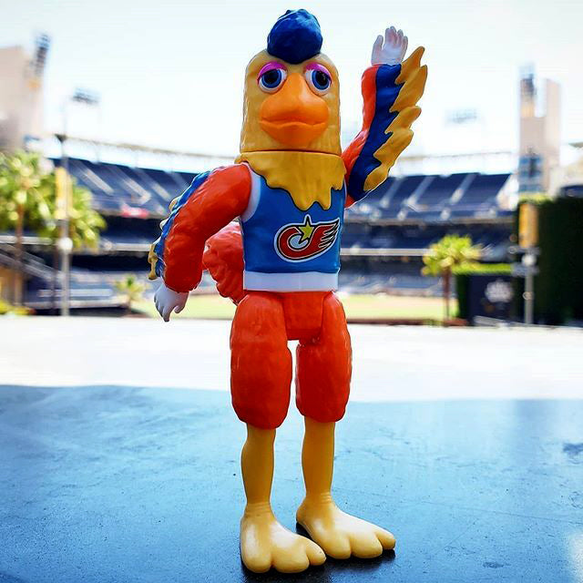 San Diego Chicken mascot figure in bright team uniform posing on a stadium field.