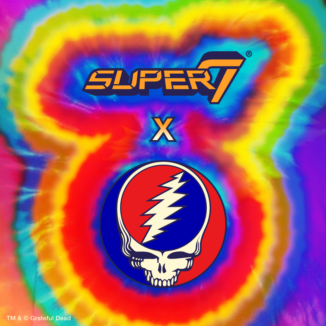 Bright tie dye background with the Super7 logo and Grateful Dead skull emblem promoting the Bertha ReAction figure.