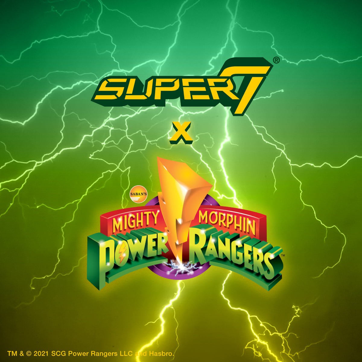 Super7 x Mighty Morphin Power Rangers collaboration art with lightning backdrop and bold logos