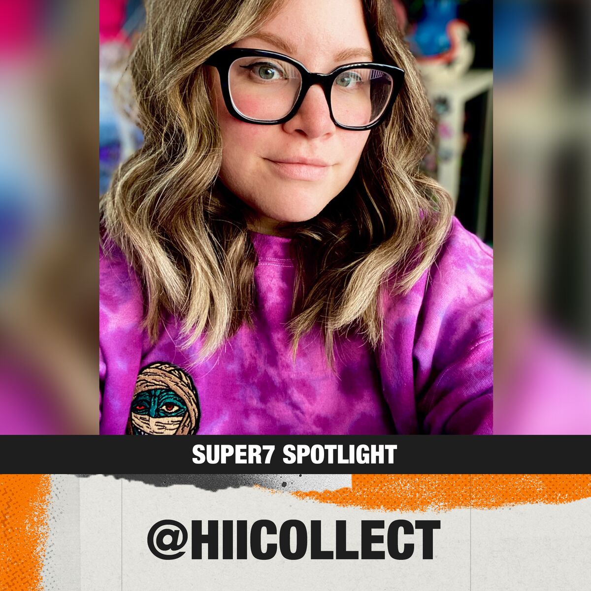Portrait of a woman with oversized black glasses wearing a purple tie dye shirt for a Super7 Spotlight feature.