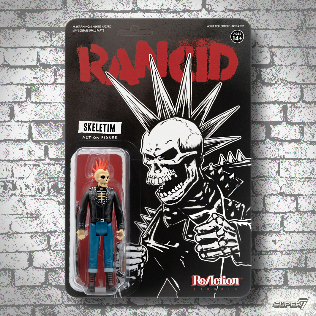 Rancid Skeletim action figure in blister packaging with red RANCID lettering and skull artwork.