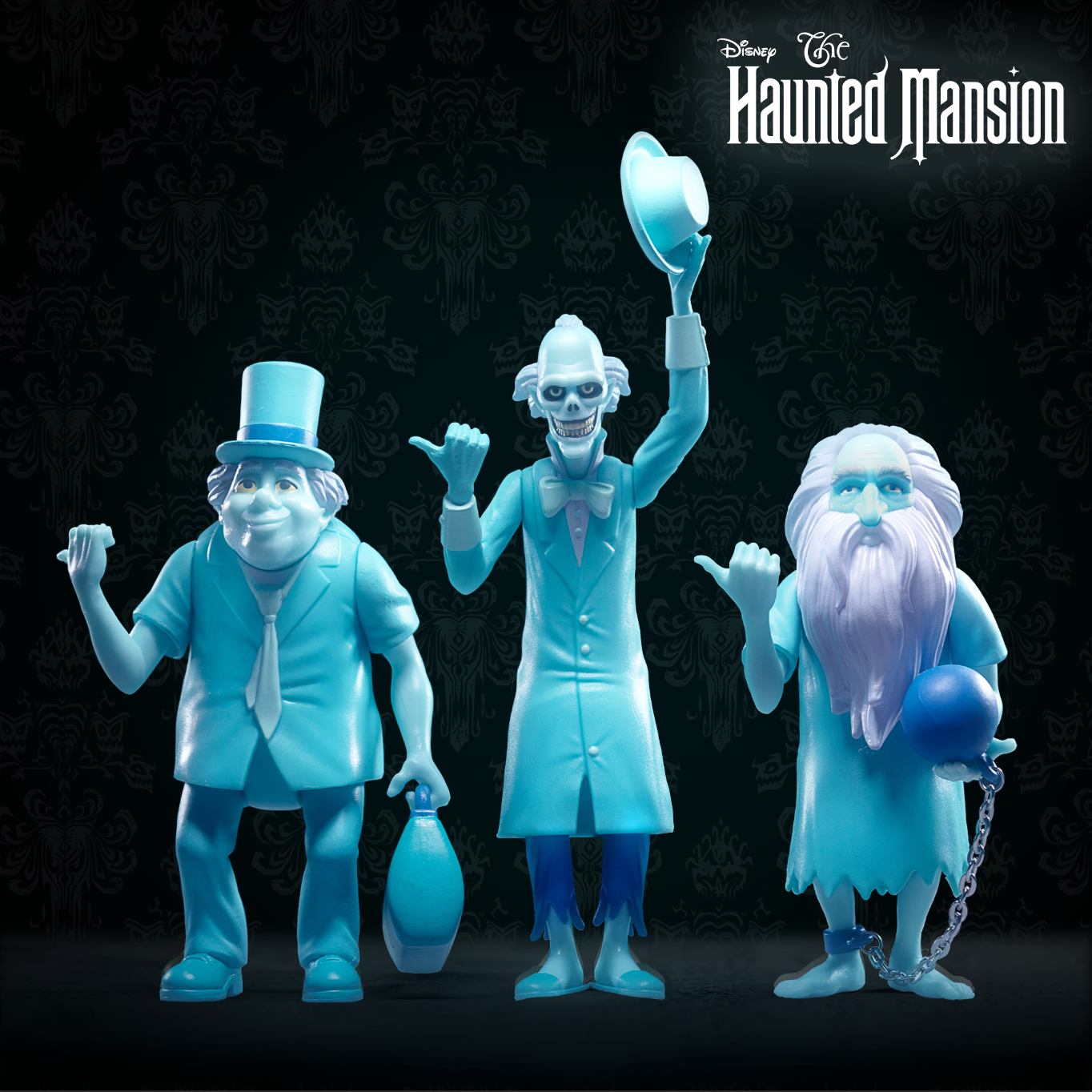 Three turquoise Haunted Mansion figures pose against a dark backdrop with the Haunted Mansion logo