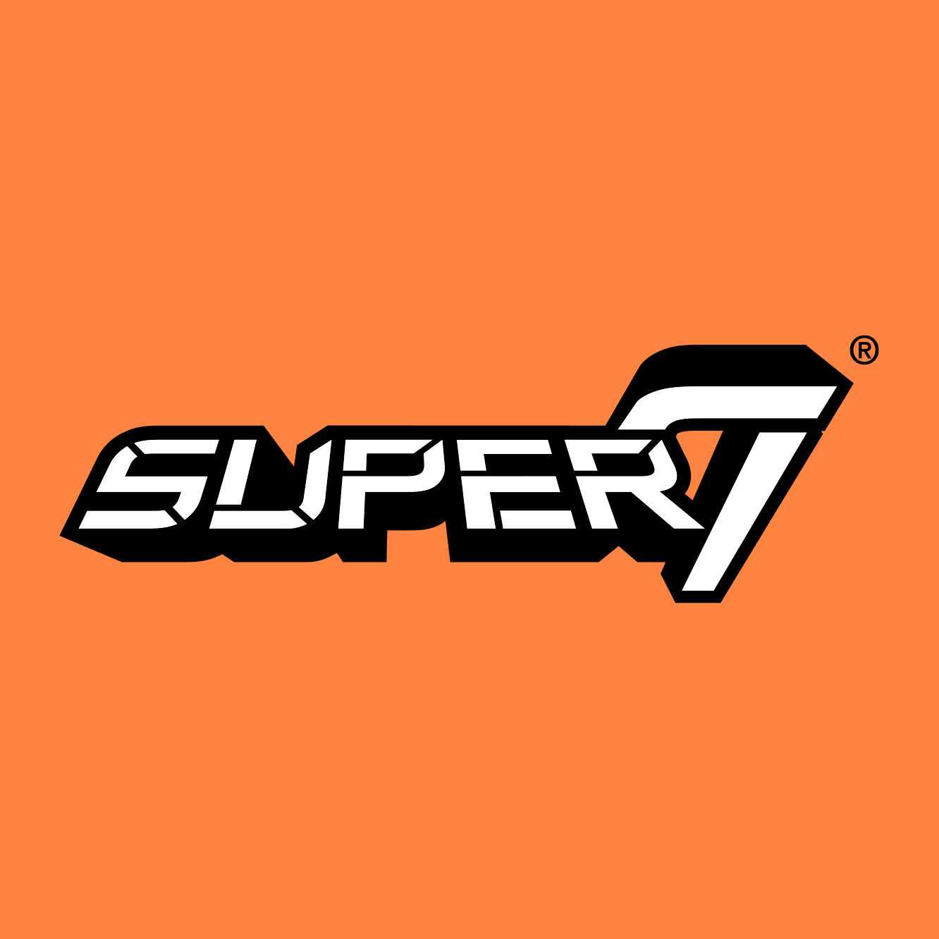 Super7 logo in white letters with a black outline on an orange background