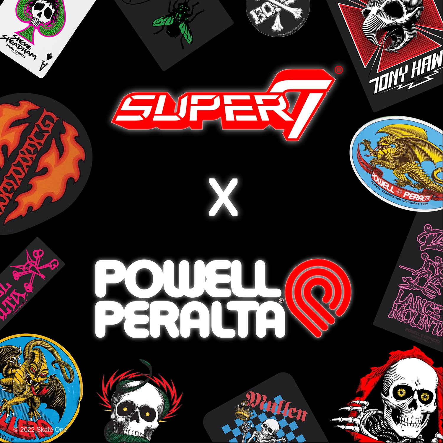 Collage style banner showing the Super7 and Powell Peralta logos with skateboard art