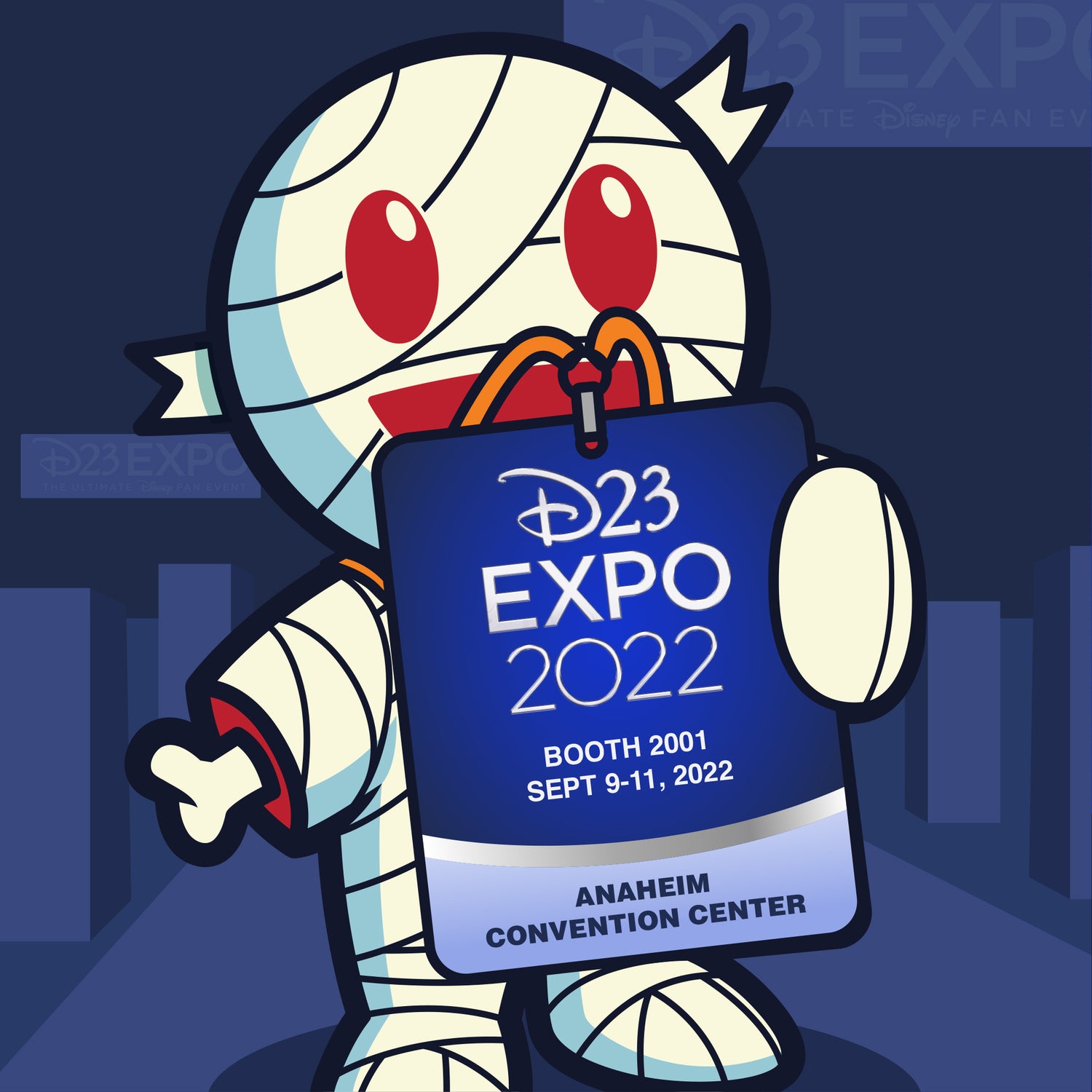Close up illustration of a Mighty Morphin Power Ranger holding a blue D23 Expo badge against a dark blue backdrop.