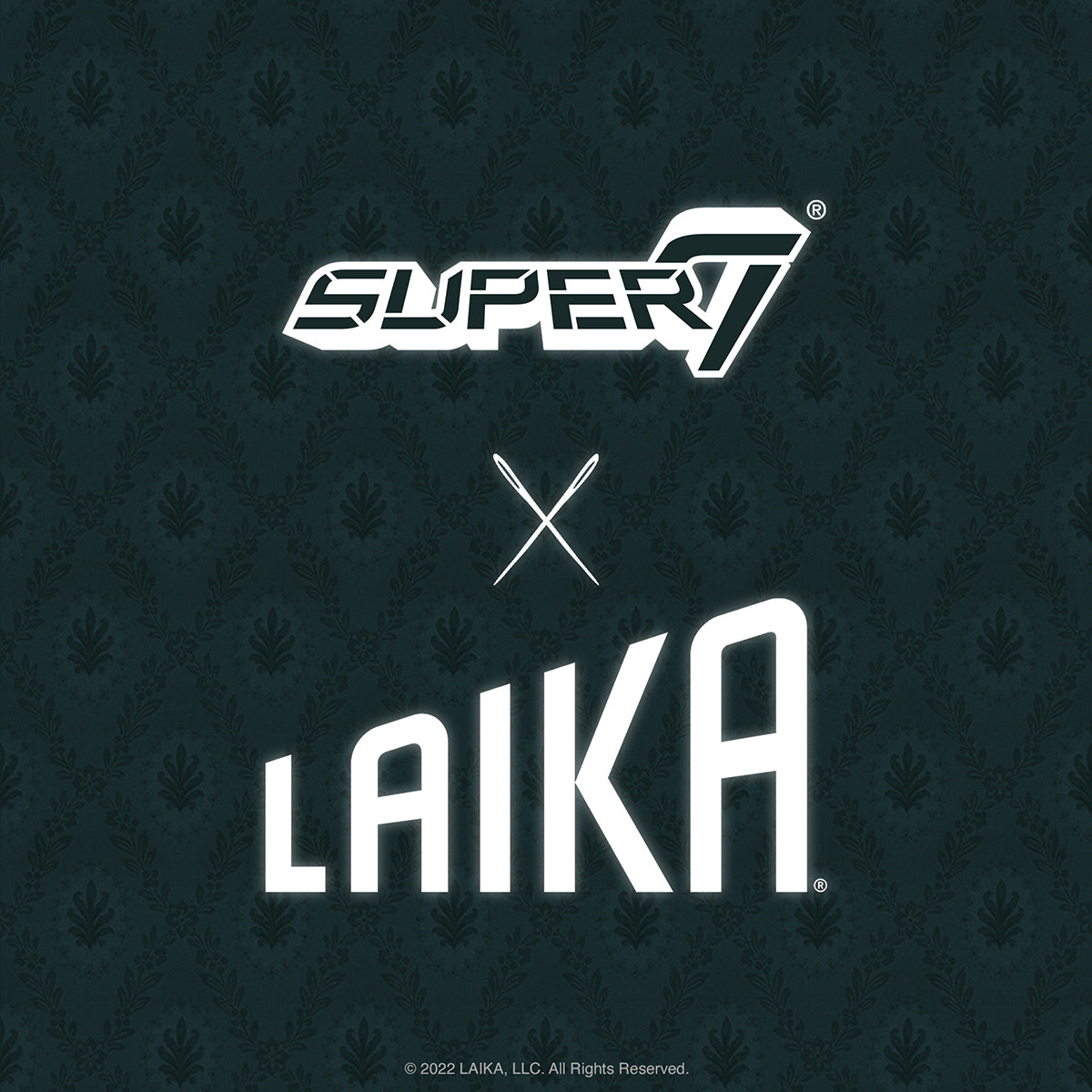 Super7 x Laika collaboration graphic with the Super7 logo, an X, and LAIKA on a teal damask background