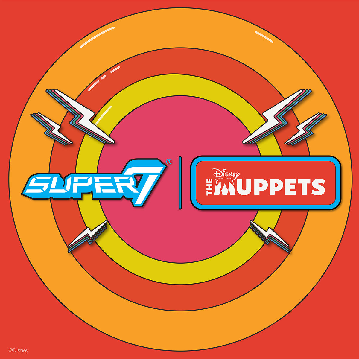 Promotional artwork for Super7 x The Muppets showing bold retro concentric rings with the Super7 and The Muppets logos side by side
